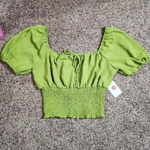 Pie In The Sky Cropped Summer Top Ribbed Ballon Short Sleeves Green Size XL